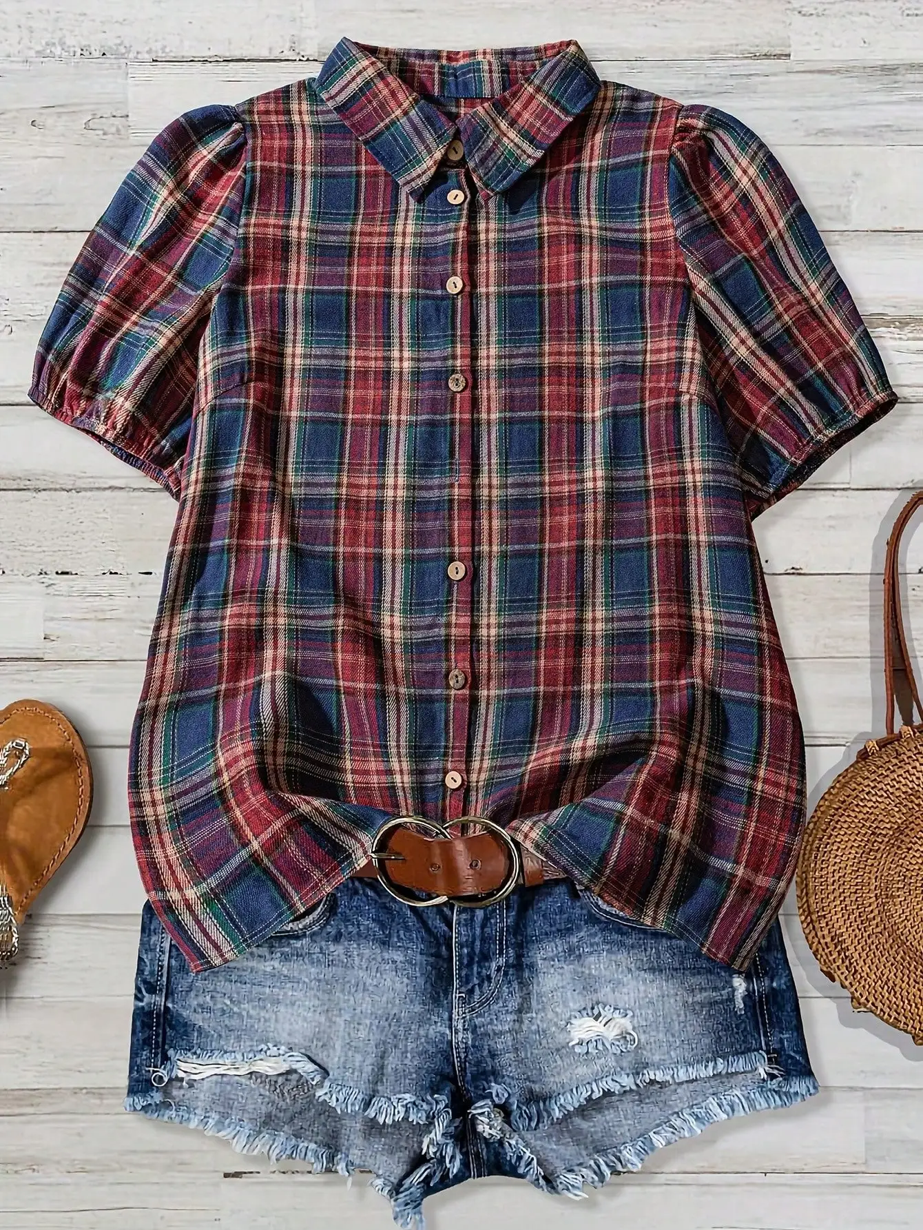 

Women's Plaid Puff Sleeve Shirt Loose Fit Vintage Casual Top