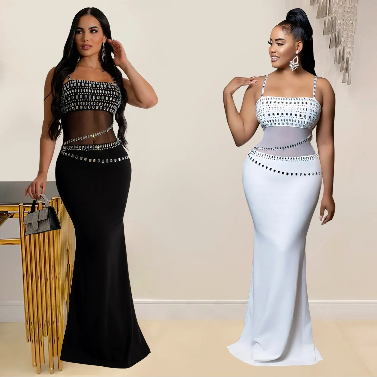 

Women Mesh See Though Diamonds Hot Rhinestones Strap Bodycon Midi Maxi Dress 2024 Evening Party Club Party Long Dresses