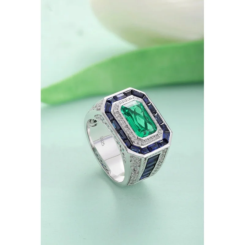 Luxury Style Lab Grown Colombian Emerald Shape And Side Blue Sapphire White Gemstones Silver Ring For Men Wedding Christmas Gift