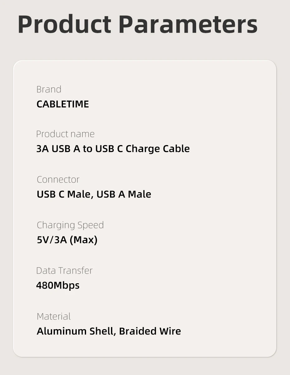 CABLETIME 3A USB Typ C Kabel Schnelllade-USB-Kabel QC3.0 Datenkabel 18 W für iPhone 15 Samsung S23 Xiaomi 11 Pro USB C Daten – Detail 10