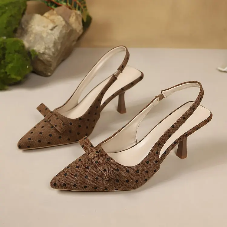 Gepunktete Slingback-Sandaletten mit spitzer Zehenpartie und Schleife für Damen, hochhackige Schuhe – Detail 7