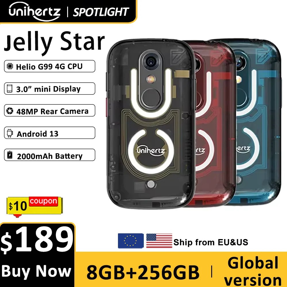Unihertz Jelly Star Mini Smartphone Android 13 8GB 256GB Led Light Unlocked Transparent Backshell Cellphones 48MP Portable Phone