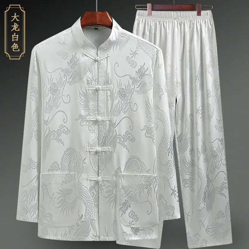 Men Silk Satin Shirt Chinese Traditional Tang Suit Smooth Men Dragon Print Shirt Business Chemise Homme Casual Kong Fu Shirts