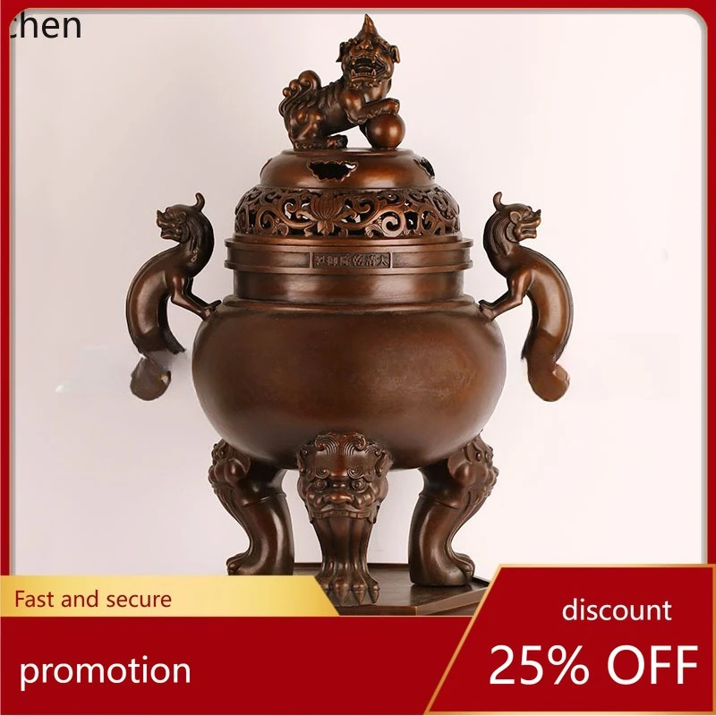 Cz brass incense burner with lid, tripod base, and double handles - home & office metal craft ornament
