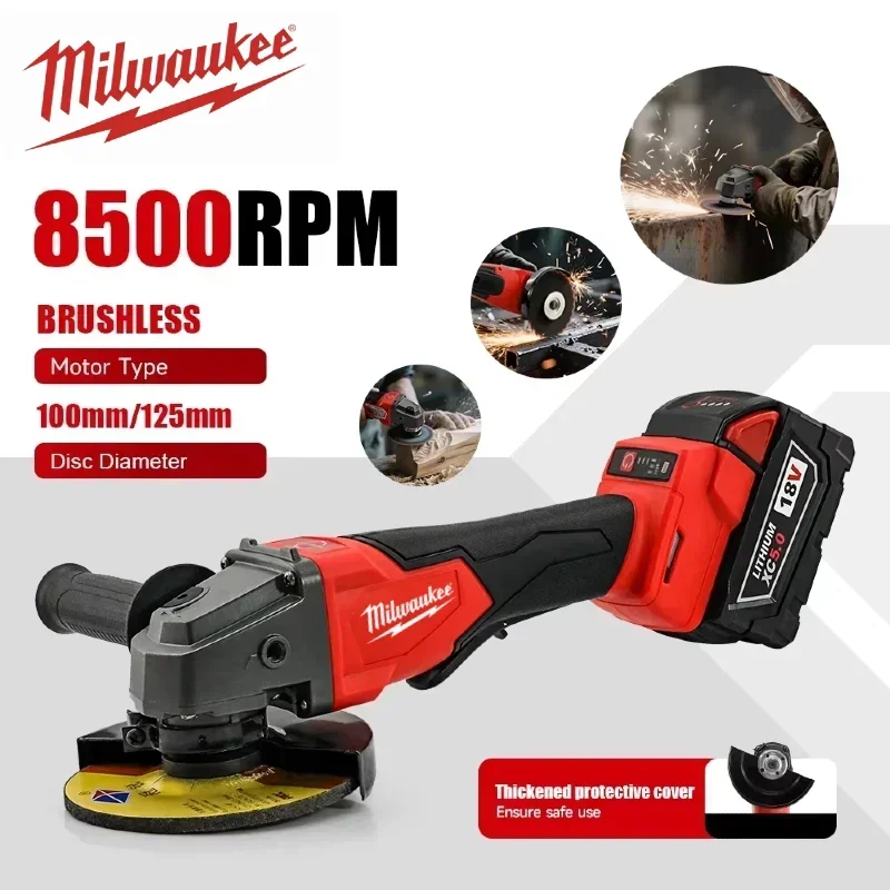 Milwaukee 125mm Brushless Cordless Angle Grinder, No-Lock Paddle Switch, Cutting Polishing Power Tool 18V