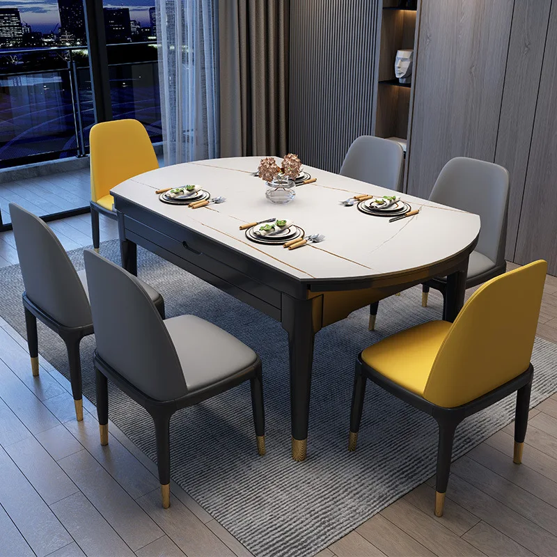 Light luxury rock slab solid wood dining table and chair combination household Italian telescopic modern simple bright rock slab