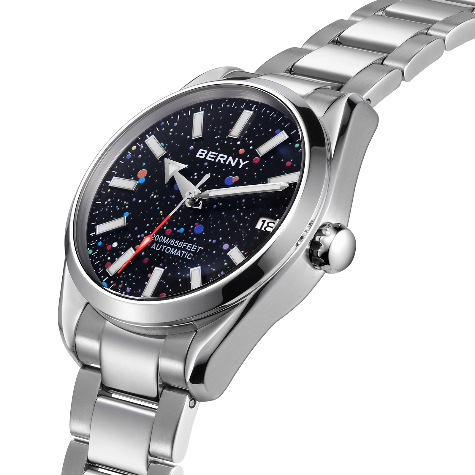 BERNY 20ATM Automatic Men Watch Sapphire AR Calendar Arrow Hands Supper Luminous Swimming Colorful Starry Sky Dial Men Watches