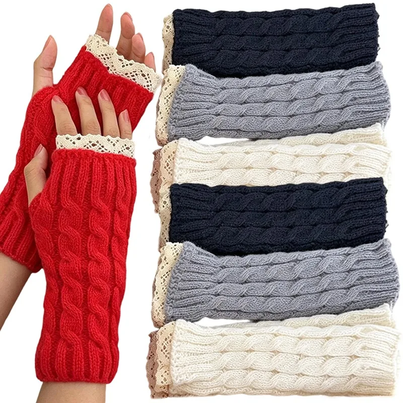 Winter Cable Knit Fingerless Gloves for Women Lace Trim Half Finger Warm Mittens Soft Stretchy Wrist Hand Warmers Typing Driving