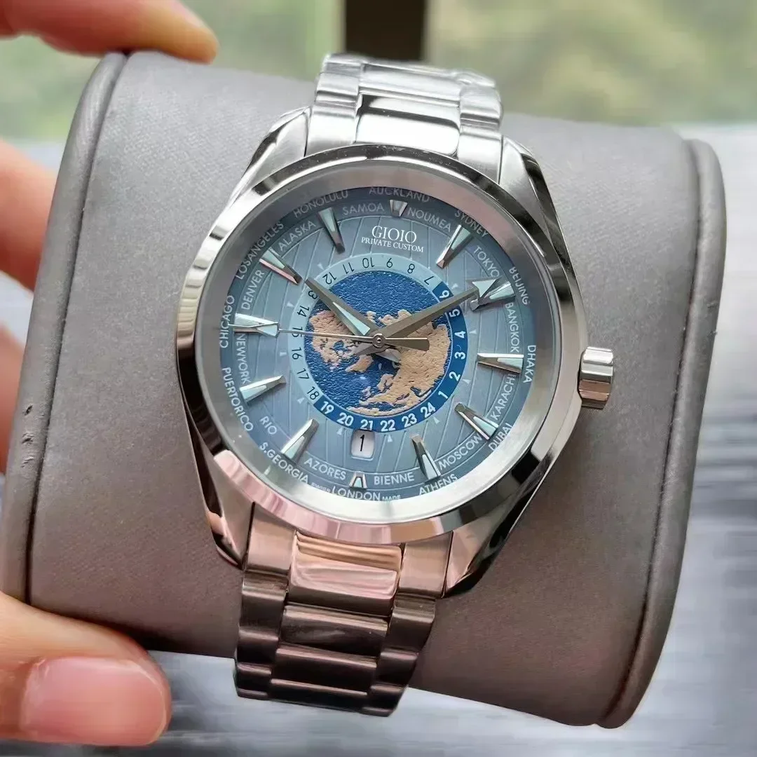 Mens Automatic Watch Mechanical Sapphire Black Blue Rubber Luminous Stainless Steel Rose Gold World Map