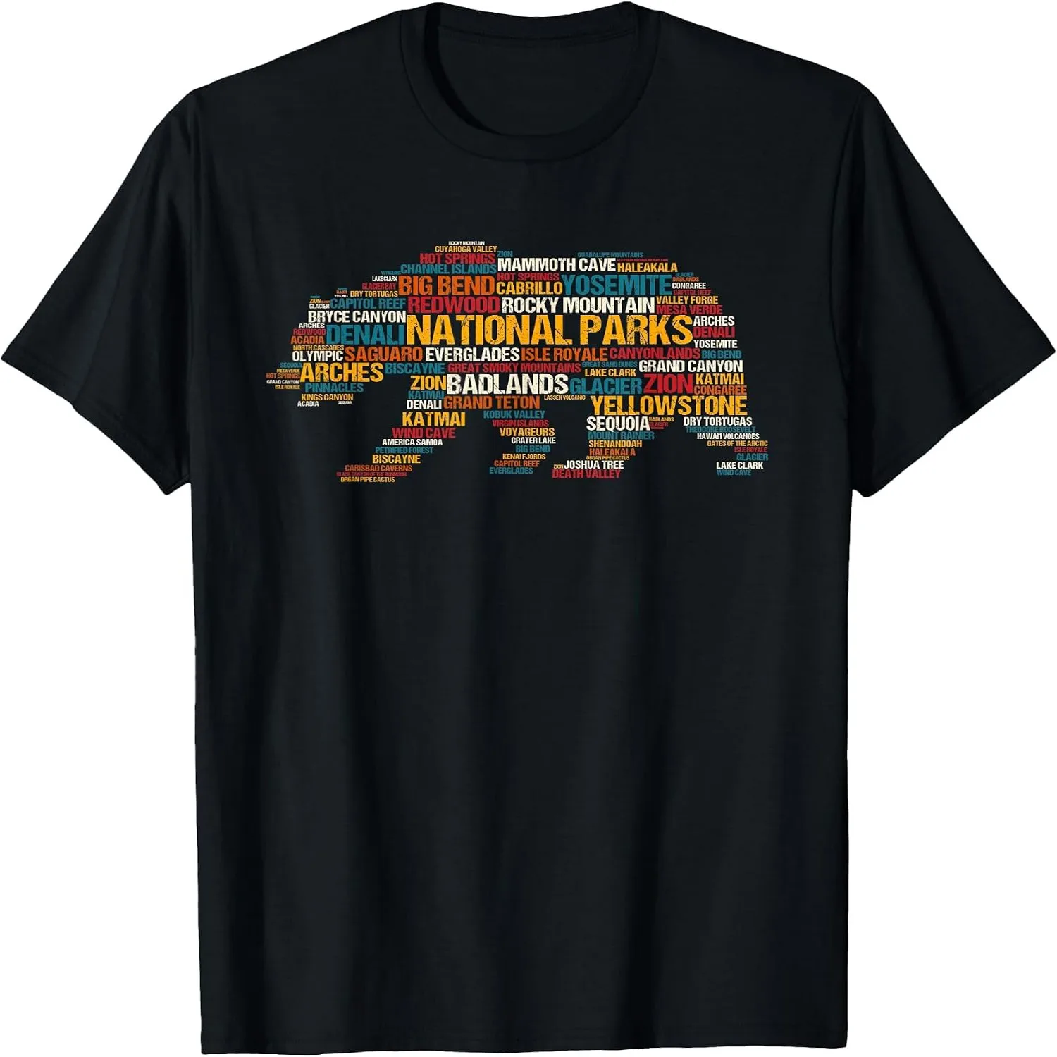 US National Parks Bear Shape Word Cloud Outdoor Adventure T-Shirt