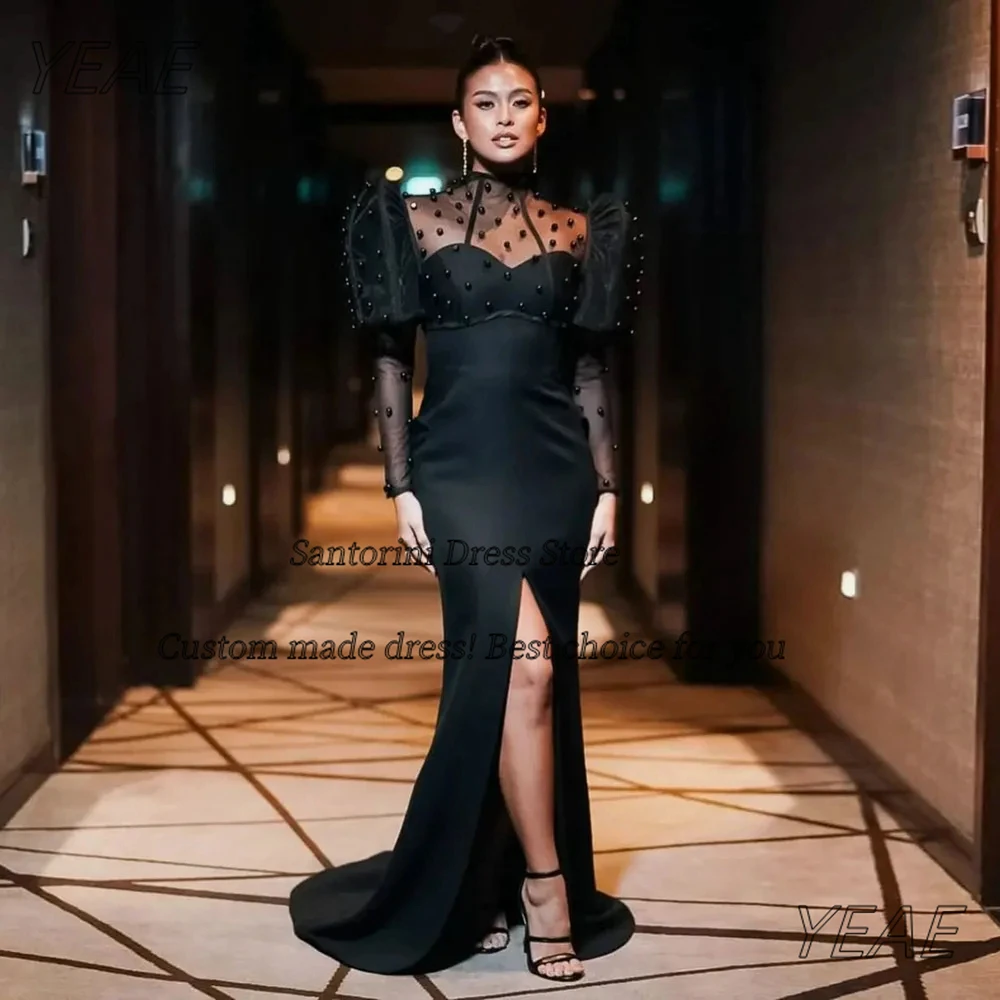 

Santorini Customized Black Front Slit Prom Dresses High Collar Pearls Vestidos De Festa Long Sleeves Special Evening Party Gowns
