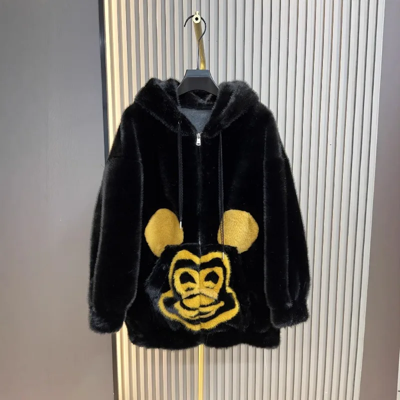Winter 2025 New European Mink Velvet Color Block Hooded Casual Cartoon Pattern Zipper Jacket Women's Faux Fur Coat Furry Sweater