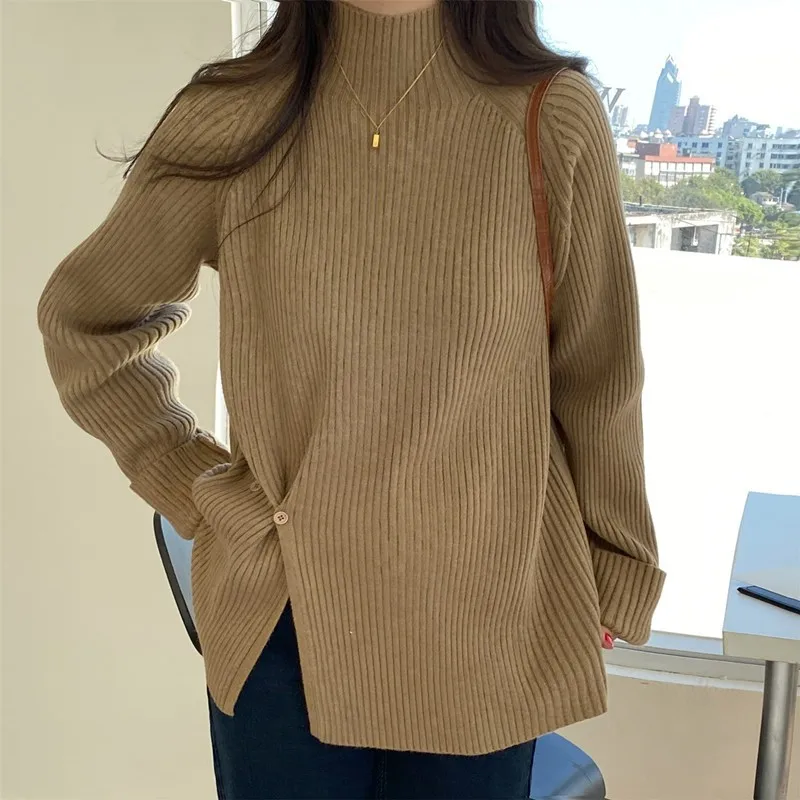 Women\'s Turtleneck Sweater Spring Autumn Fashion Side Split Slim Pullover Korean Long Sleeve Thicked Knitted Bottoming Tops