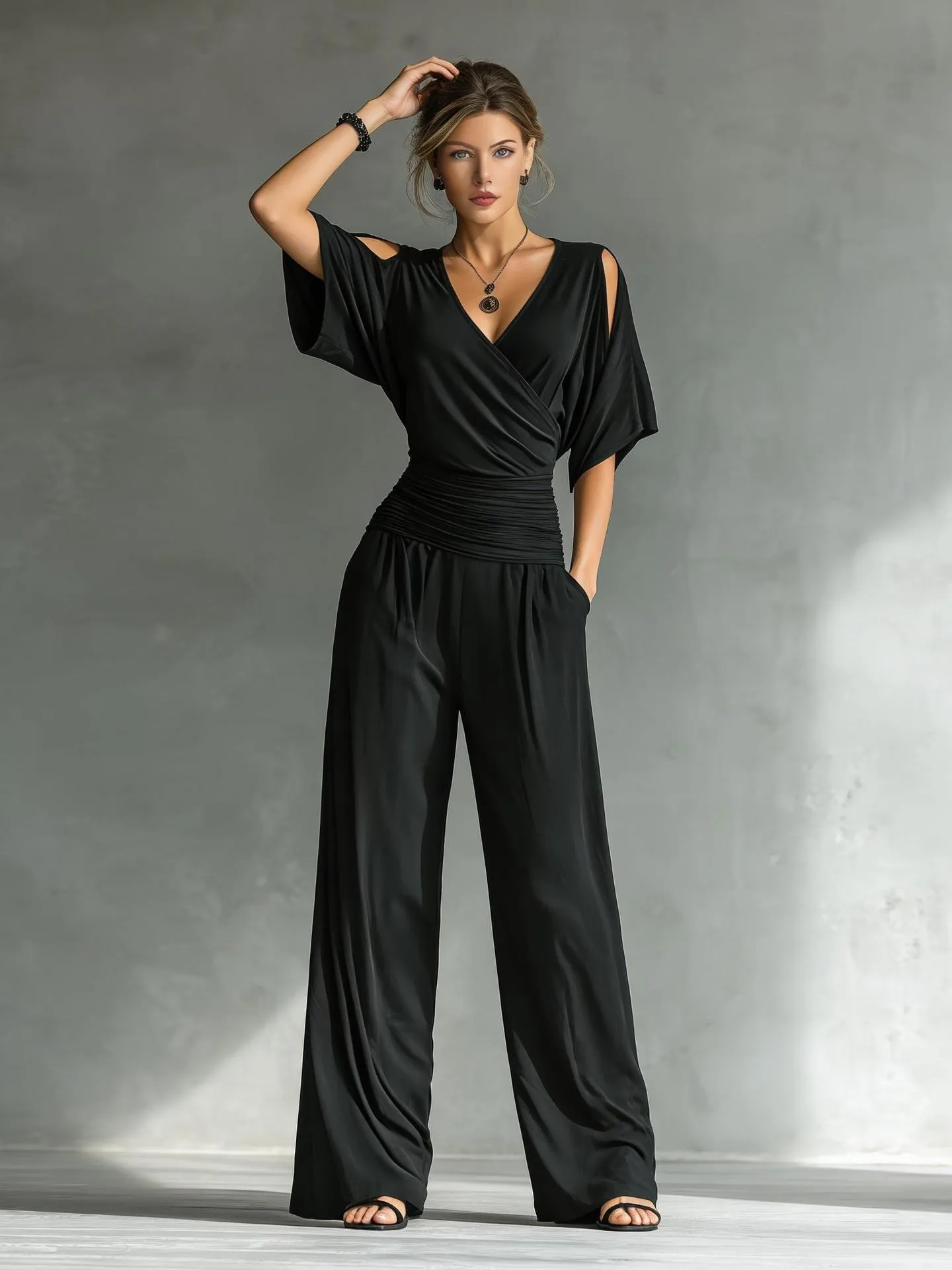 

Elegant V-Neck Slim-Fit One-Piece Shoulder-Baring Jumpsuit for Women Fashionable Commute Wide-Leg High-Waist Long-Pants Polye...