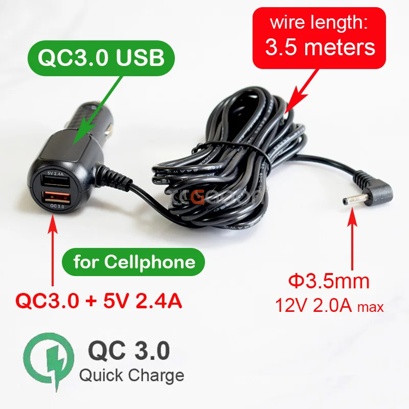Diameter Φ3.5mm 12V 2.0A Oplaadpoort Met QC3.0 Dual USB Autolader Adapter voor Auto Dash Cam Mobiele Telefoon GPS Radar Camera