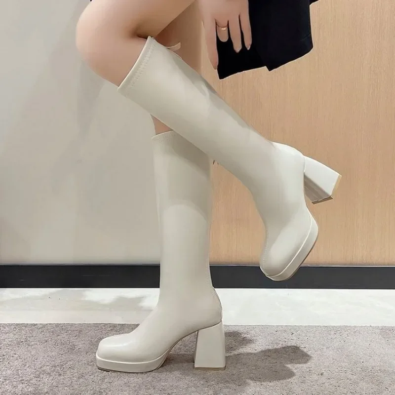 Nowe buty do kolan Kobiety Kwadratowe obcasy Casual Winter Long Boot Shoes Ladies Designer Round Toe Zip Fashion Cool Knight Bootties