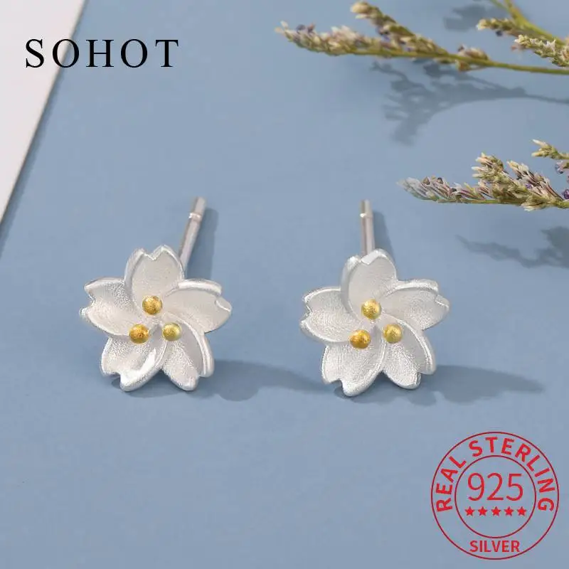 أقراط حقيقية من الفضة الإسترليني عيار 925 على شكل زهرة حلوة صغيرة للسيدات مجوهرات راقية لطيفة وإكسسوارات أنيقة ذات طابع شخصي