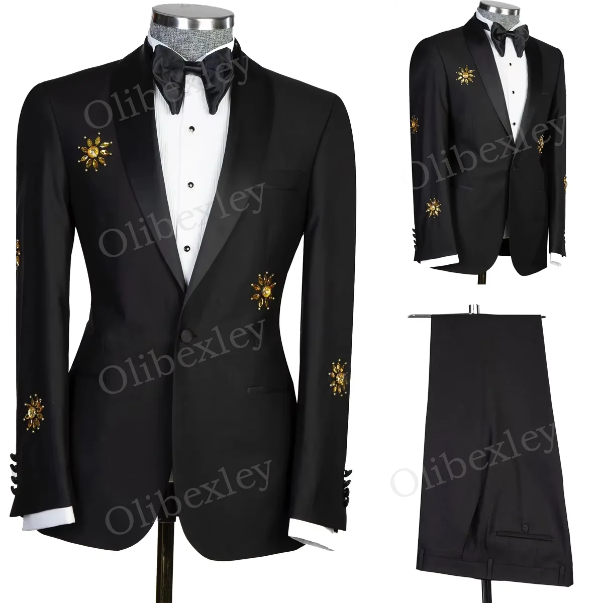 

Black Mens 2 Piece Suits Luxury Customized Tuxedos High Quality Golden Beads One Button Slim Fit For Wedding Groom Suits