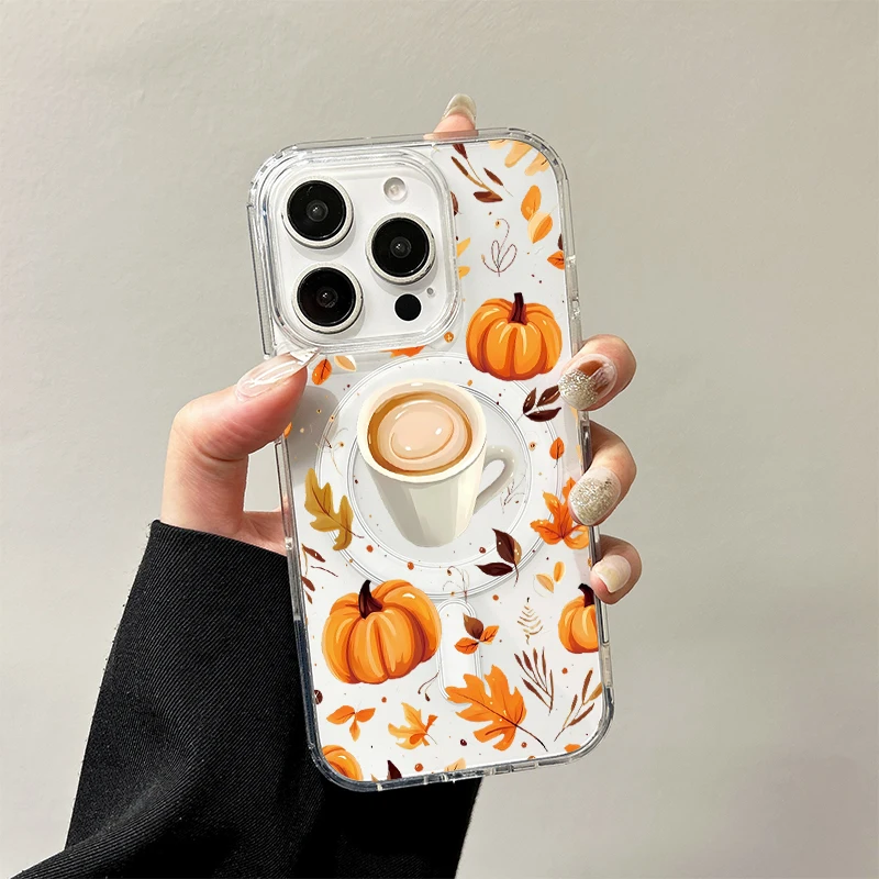 

Pumpkin Coffee Wireless Charging Case for iPhone 17 Air 16 E 15 14 13 12 Mini 11 Pro Max Dustproof Transparent Silicone Cover