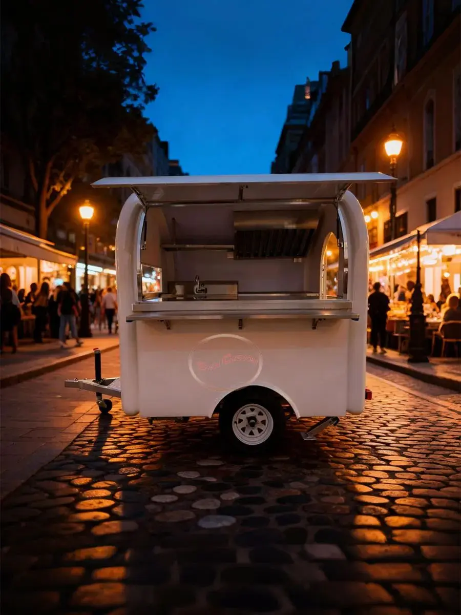 

Outdoor Food Trailer White Rounded Arc Shape Simple Modern Style Mobile Kitchen Catering Business Vehicle