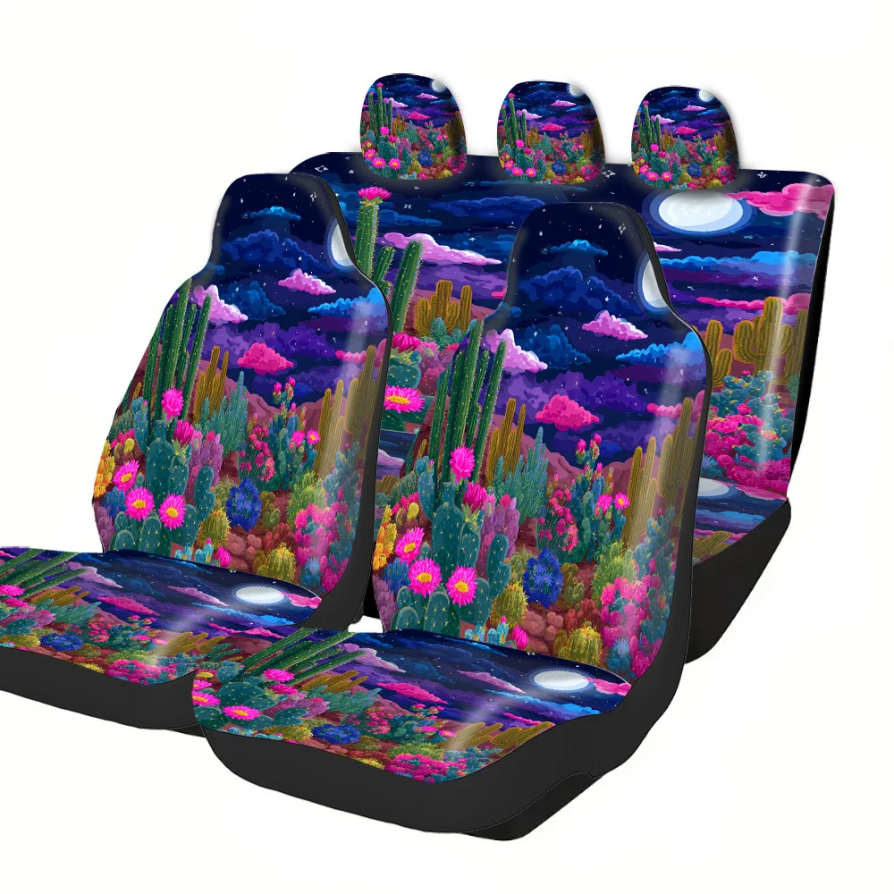 2-5 Seat Set Car Seat Covers, Enchanting Night Sky Cactus Print, Premium Material, Fit For Truck SUV Off-road Car, Festive Hall