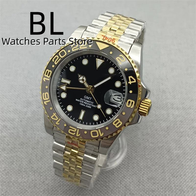 BLIGER 40mm Two-Tone Silver Gold Rotational Case Jubilee Bracelet NH34 GMT Watch For Men Ceramic Black Gray Bezel Sapphire Glass