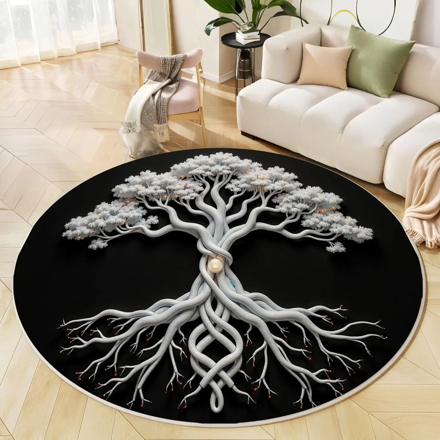 3D Tree of Life Round Rugs Non Slip,Soft Circle Carpet for Bedroom Dining Room Under Table, Black and White Fantasy Plants Decor
