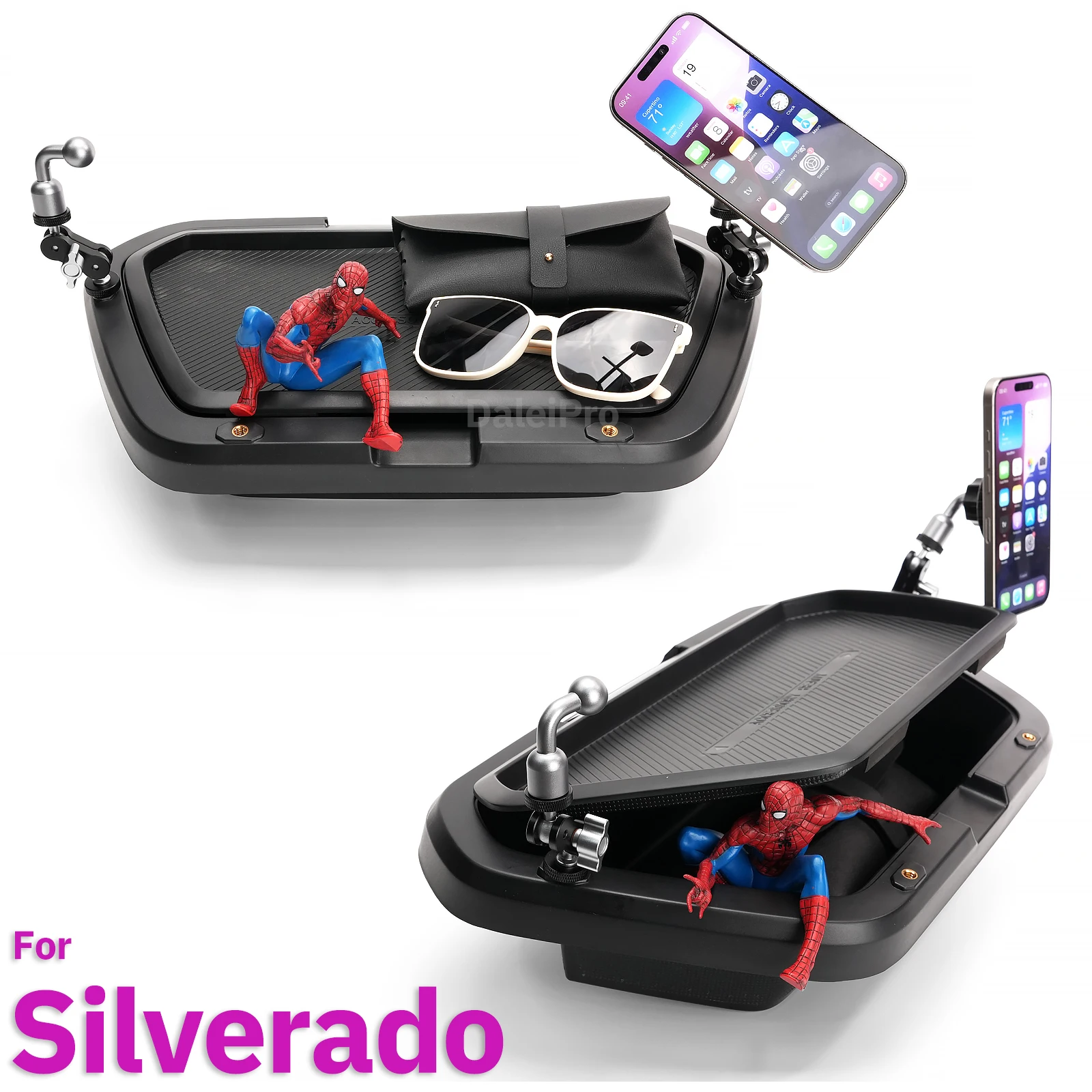 For Chevrolet Silverado 2019 - 2020 2022 2023 Double Phone Holder Car Double-layer Storage Box 360-degree Adjustable Phone Mount