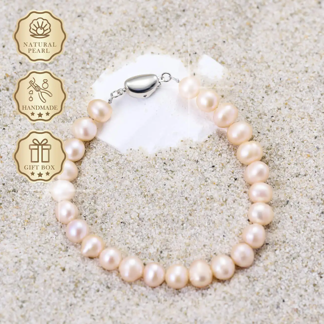 

MYSOYA Pink Freshwater Pearl Bracelet 8–9mm with Silver Ingots Clasp, Gift Box, Birthday & Anniversary Gift