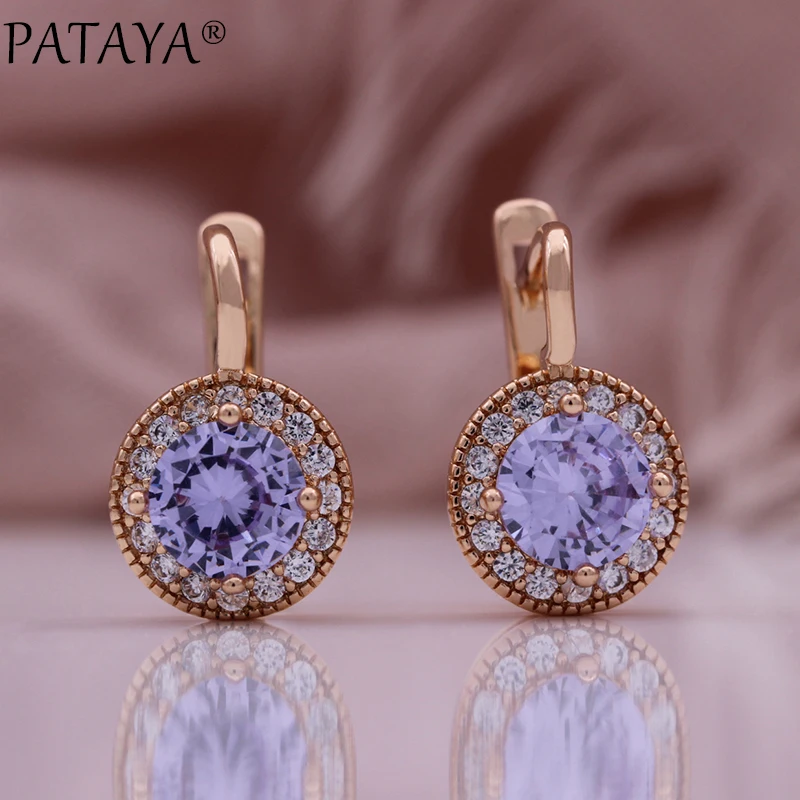 PATAYA Purple Zircon Women 585 Gold Rose Color Round Cubic Zircon Pendant Earrings Rings Sets Optional Necklace Chain Jewelry