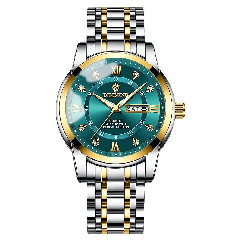 ของแท้นาฬิกาผู้ชายกันน้ำธุรกิจปฏิทินคู่เพชรเหล็กผีเสื้อปุ่มชายแฟชั่นนาฬิกาควอตซ์