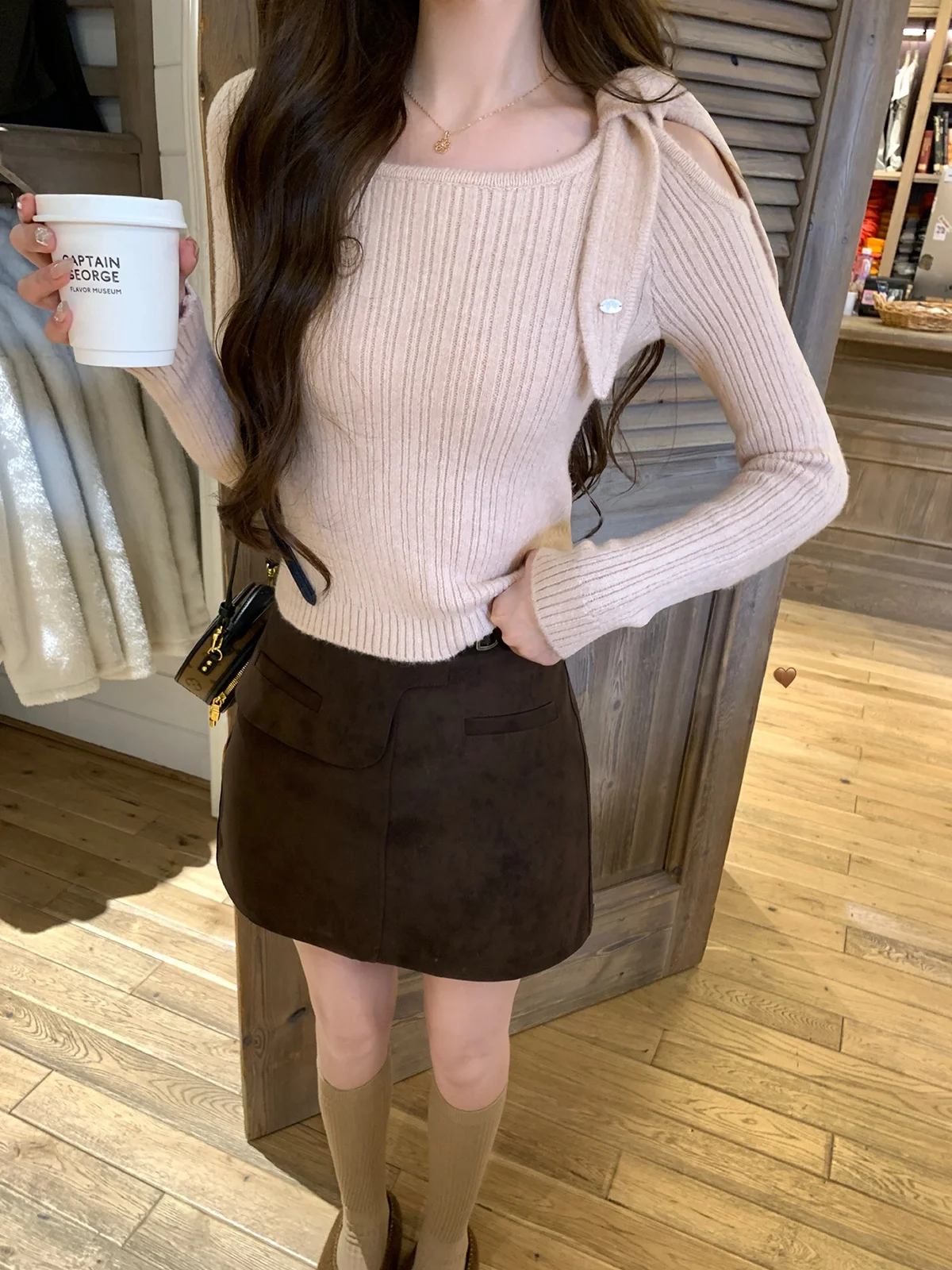 

ThePeachOfficial Hepburn Miss Brown Retro Belted High Waist A-Line Skirt Suede Fabric Ladies Casual Daily Wear Skirt