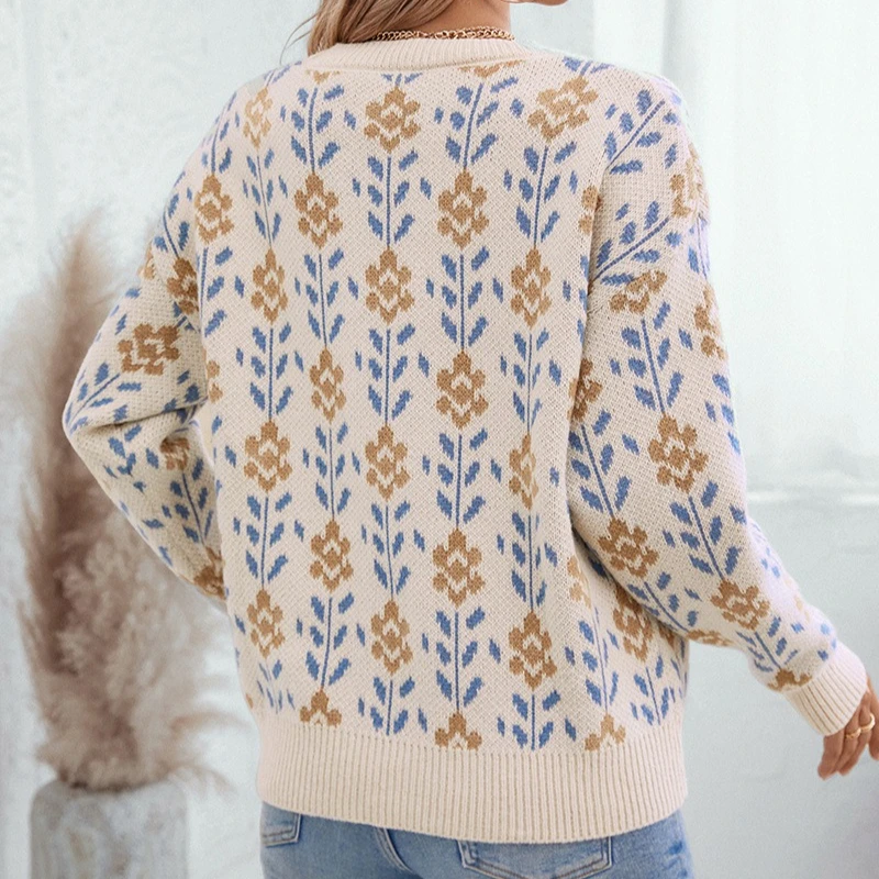 Vintage Floral Jacquard Knit Sweater for Women Retro Pattern Crew Neck Pullover Casual Fall Winter Long Sleeve Knitwear Jumper
