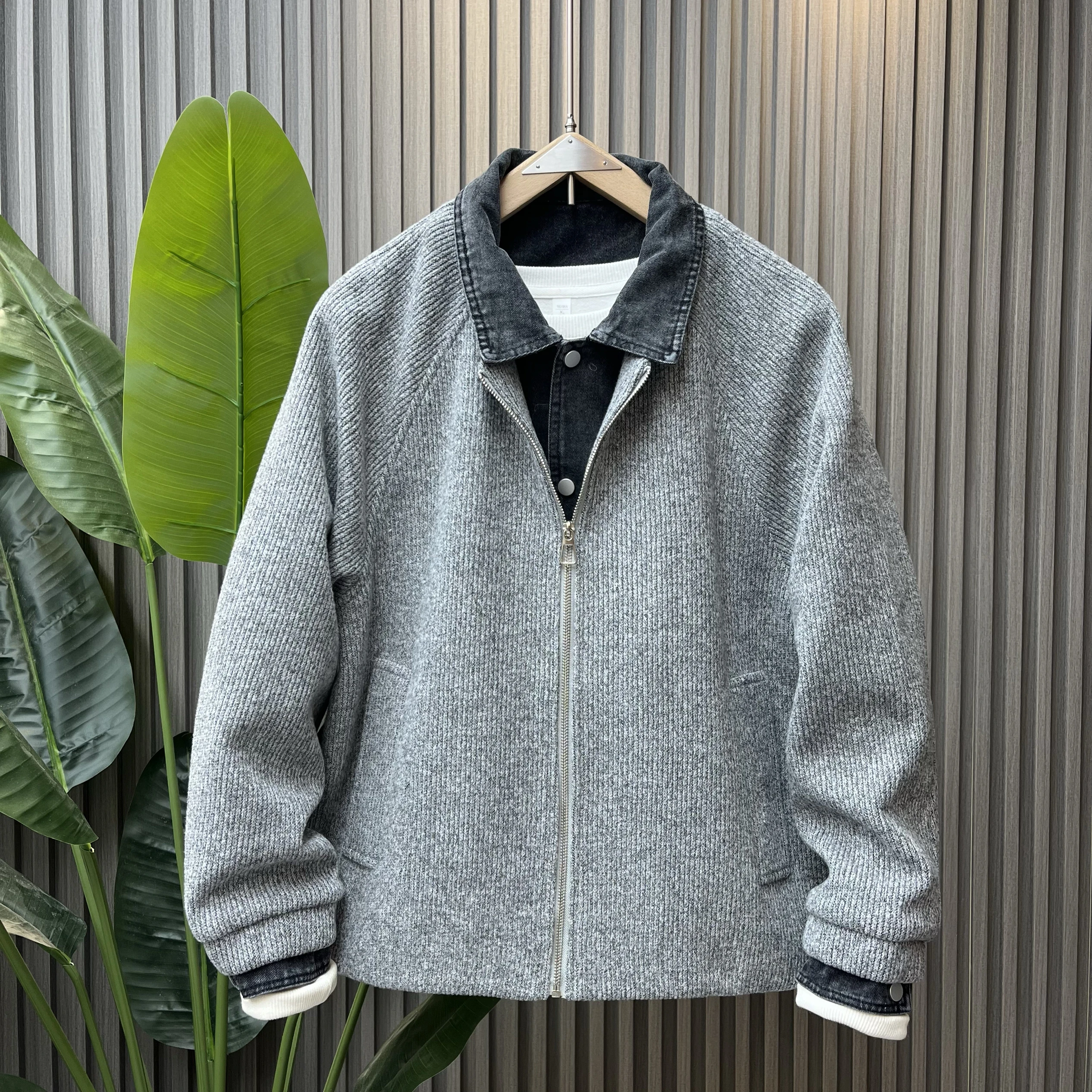 

Spring New Men's Casual Loose Vintage Collar Knitted Denim Jacket Outerwear Simple Stylish Polyester Fiber Long Sleeve Coat