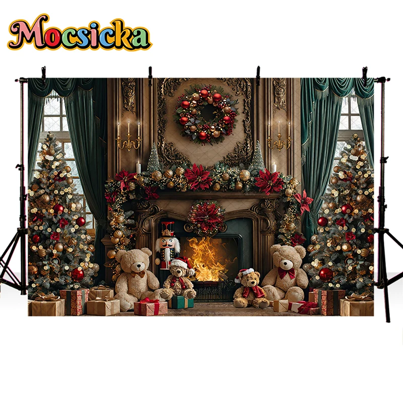 Mocsicka Christmas Fireplace Bear Backdrops Kids Baby Photography Family Photocall Classic Retro Wall Xmas Trees Backgrounds