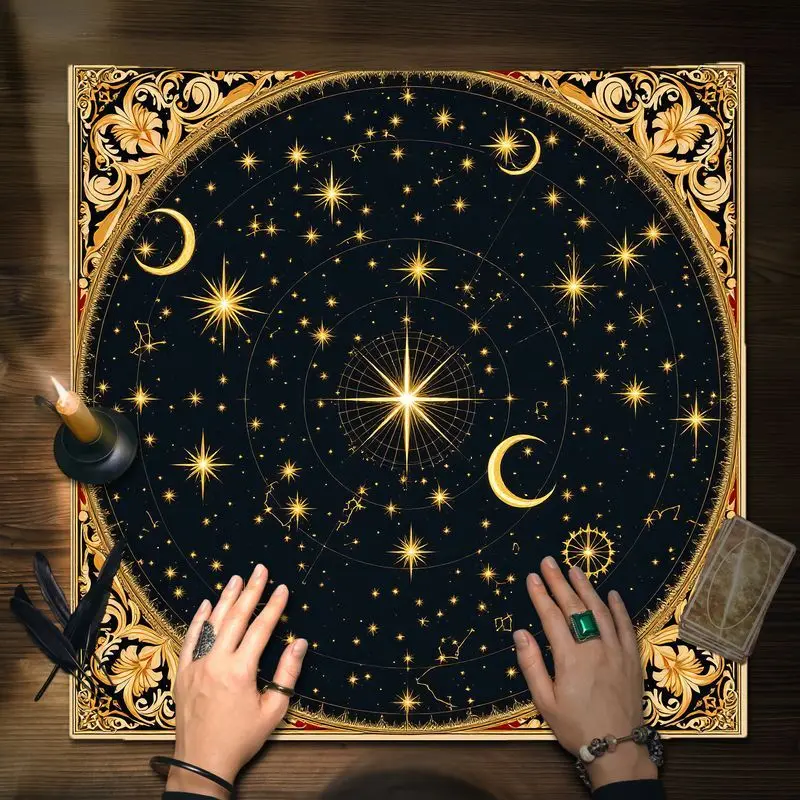 VIKAMA Tarot Tablecloth, Zodiac Plate, Sun Moon Maze, Goat Skull, Altar Cloth, Witchcraft and Divination Decoration