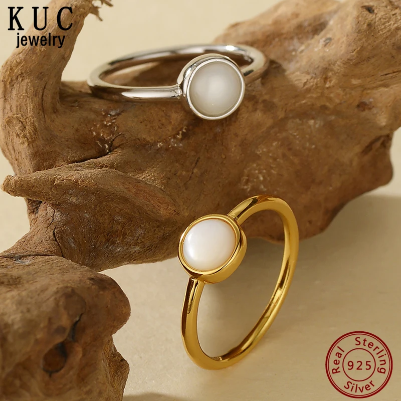 

925 Sterling Silver Original Certificate Mother Of Pearl Cabochon Band Ring For Women Fine Jewelry Gold Plated