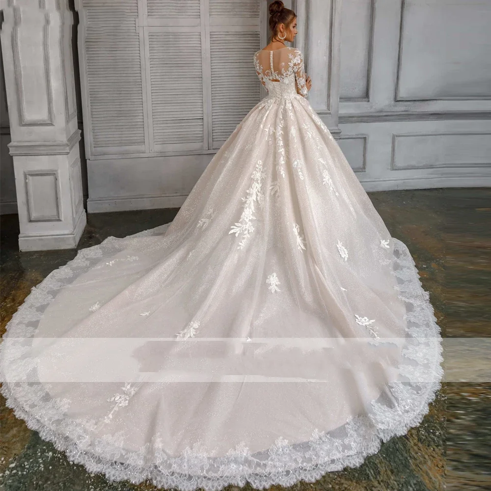 Flavinke Maßgeschneidertes Ballkleid mit U-Ausschnitt, glänzende Spitze, bodenlange, perlenbesetzte Brautkleider mit Kathedralenschleppe