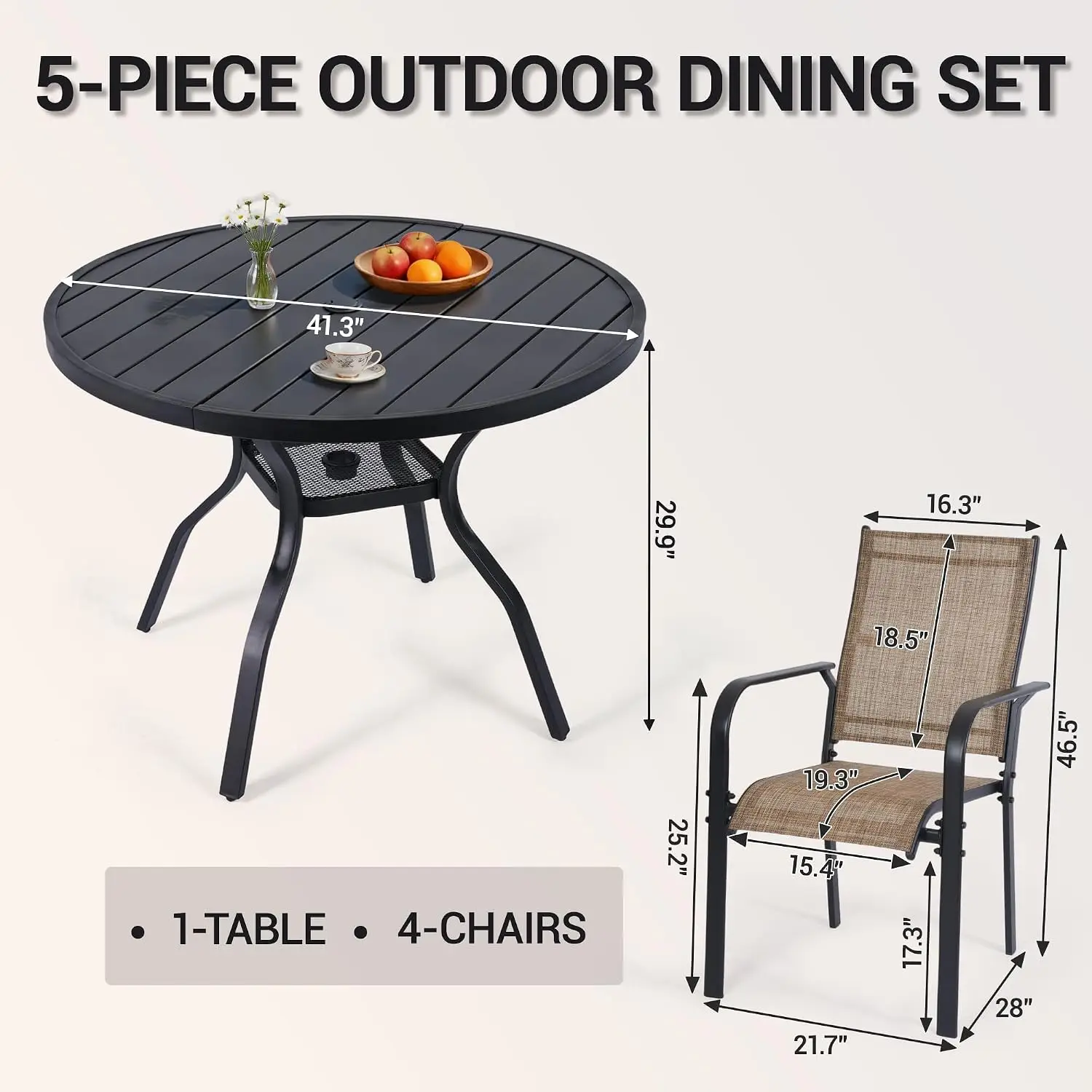 5-Piece Patio Dining Set, 4 Textilene Chairs & 1 Metal Table with Umbrella Hole, All Weather Lawn Garden, Customized