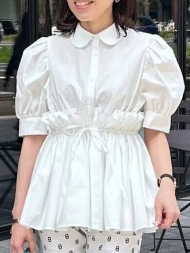 Sweet Peter Pan Collar Drawstring Shirts Blouses Puff Short Sleeve Blusas Mujer Summer 2024 Clothes Women White Shirt Tops