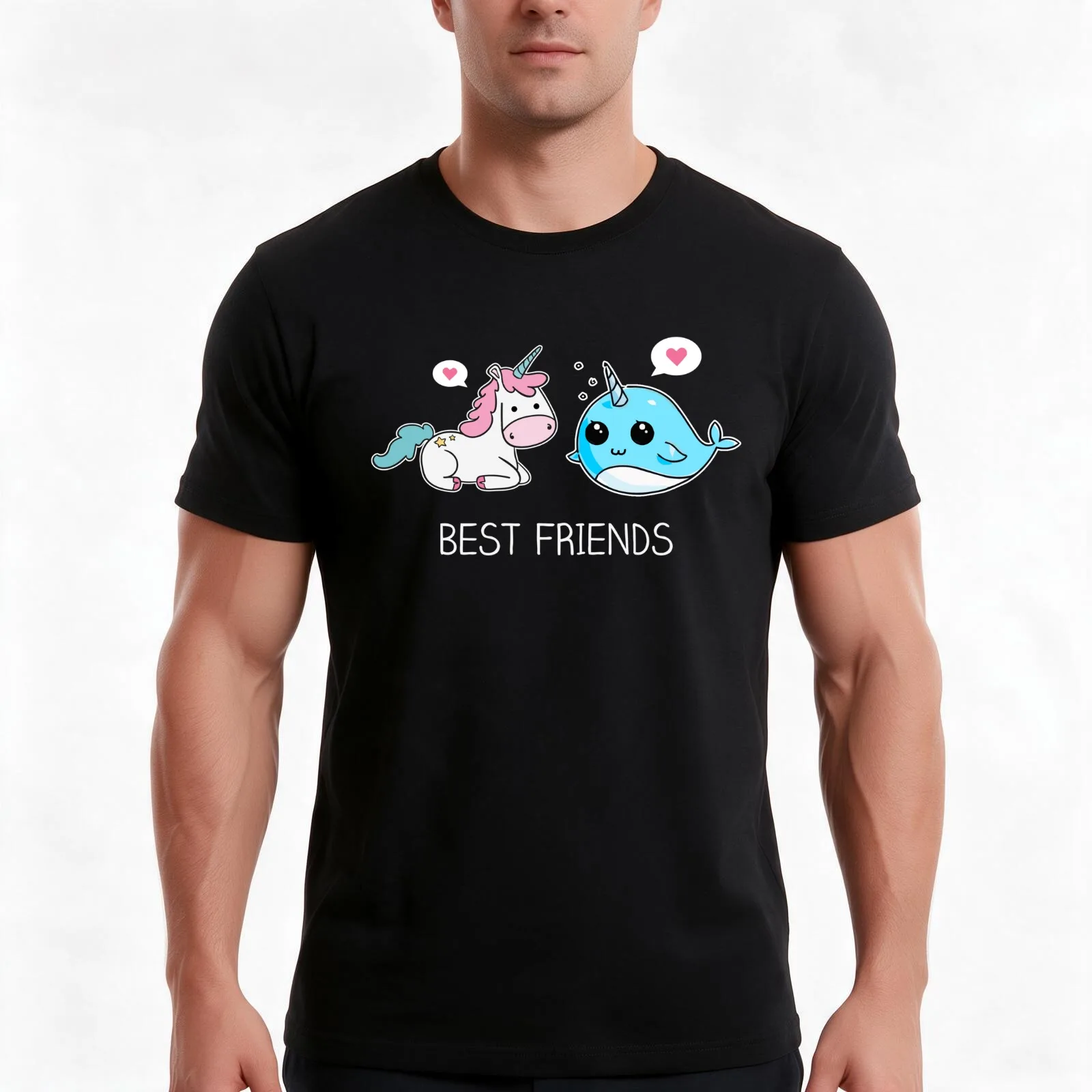Unicorn And Narwhal Best Friends T-Shirt, Summer Casual Cotton Tee, Oversized Streetwear Tops, Vintage Graphic Print