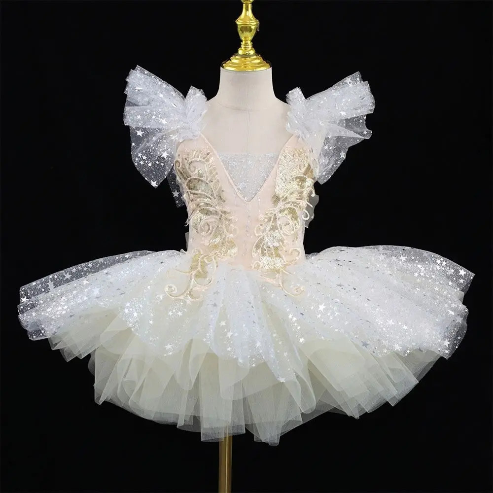 Vestido de Ballet Moderno con Lentejuelas para Niñas, Tutú Blanco, Disfraz de Baile Color Champán para Fiestas Infantiles