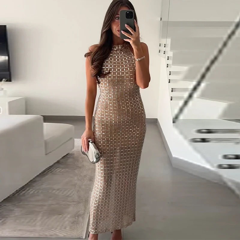 

Sparkling Mesh Halter Neck Midi Dress Off-shoulder Sleeveless Slit Hem Dresses 2025 New Elegant Button Adjustment Evening Gowns