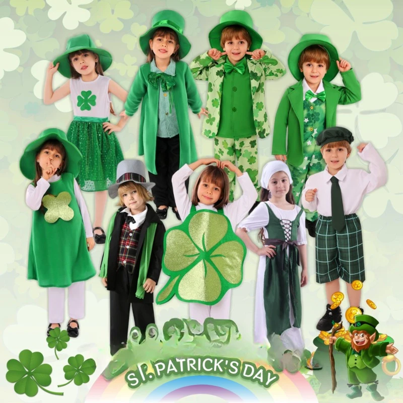 Ireland St. Patrick's Day Cosplay Kids Costume School Stage Lucky Clover Children Carnival Party Outfits Holiday Fancy Clothes