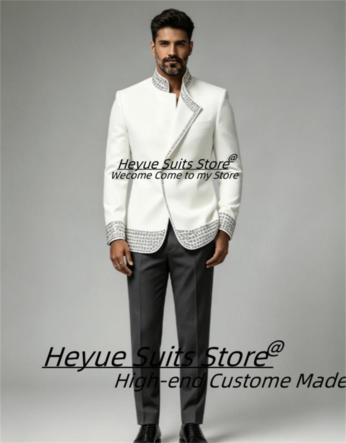 Luxury White Stand Collar Men Suits Shiny Silver Rhinestone Embellished Groom Wedding Tuxedos 2 Pieces Sets Male Party Blazers