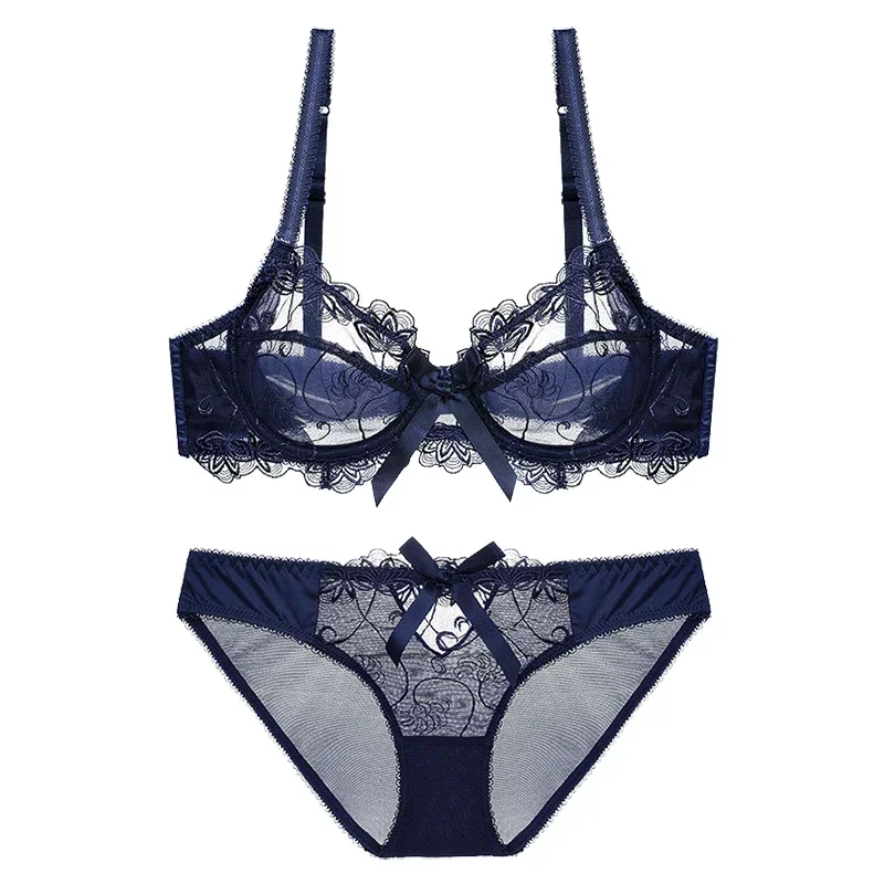 Novo sexy bordado transparente feminino sutiã e calcinha conjunto lingerie plus size d e copo push up ultra fino conjunto de roupa interior de renda azul