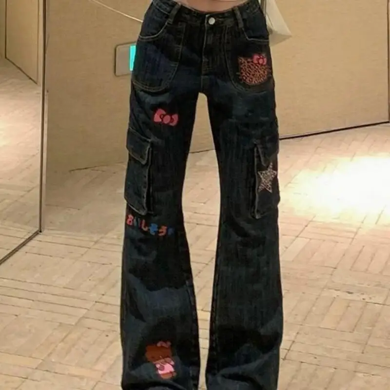 

Джинсы Sanrio с мультяшным принтом Hello Kitty, ретро-брюки, свободные широкие штаны, милые, новые, простые, трендовые, креативные, хит продаж