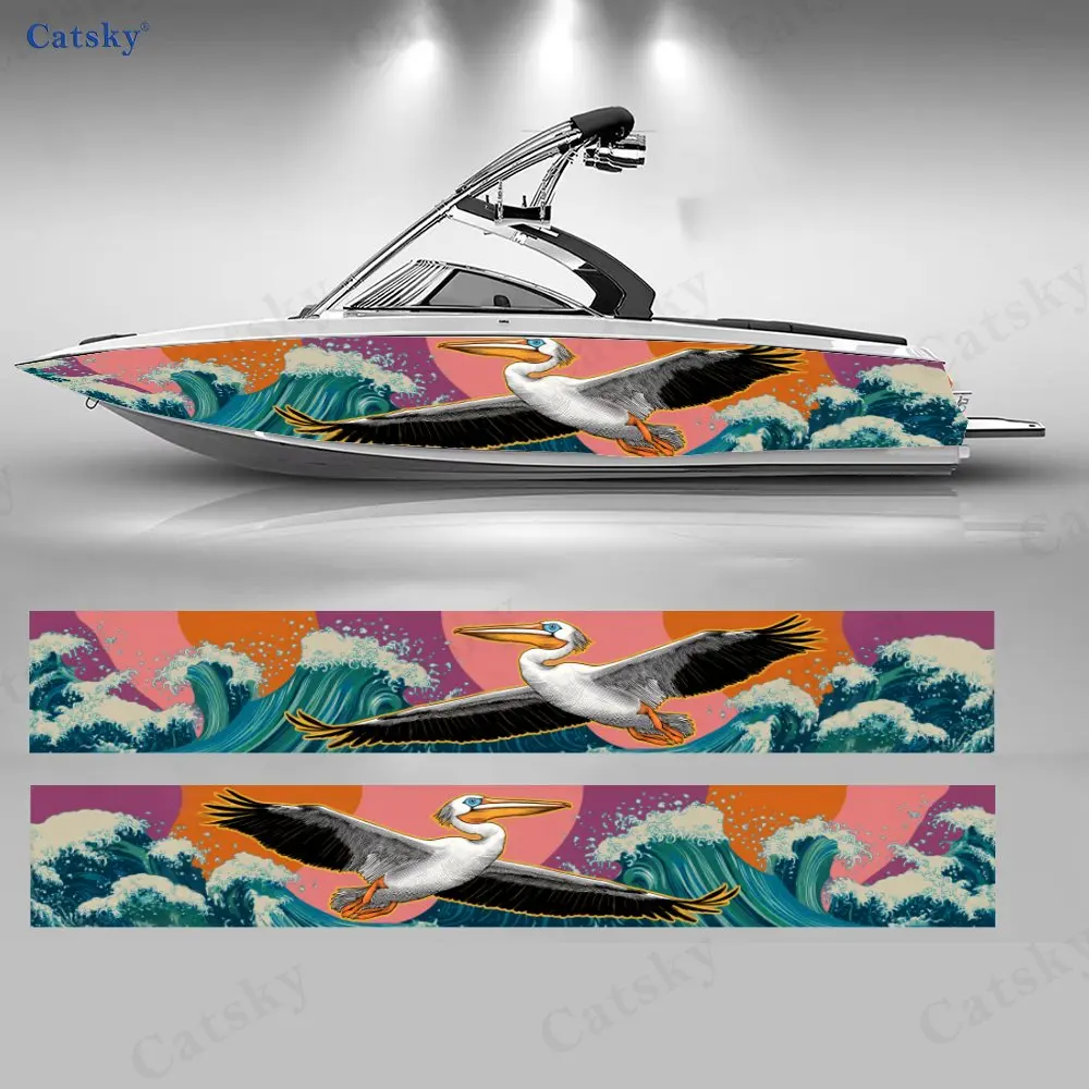

Наклейки на лодку с оранжево-красным градиентом и изображением морских птиц, водонепроницаемые виниловые наклейки из ПВХ для рыболовных лодок, прочные и стильные.
