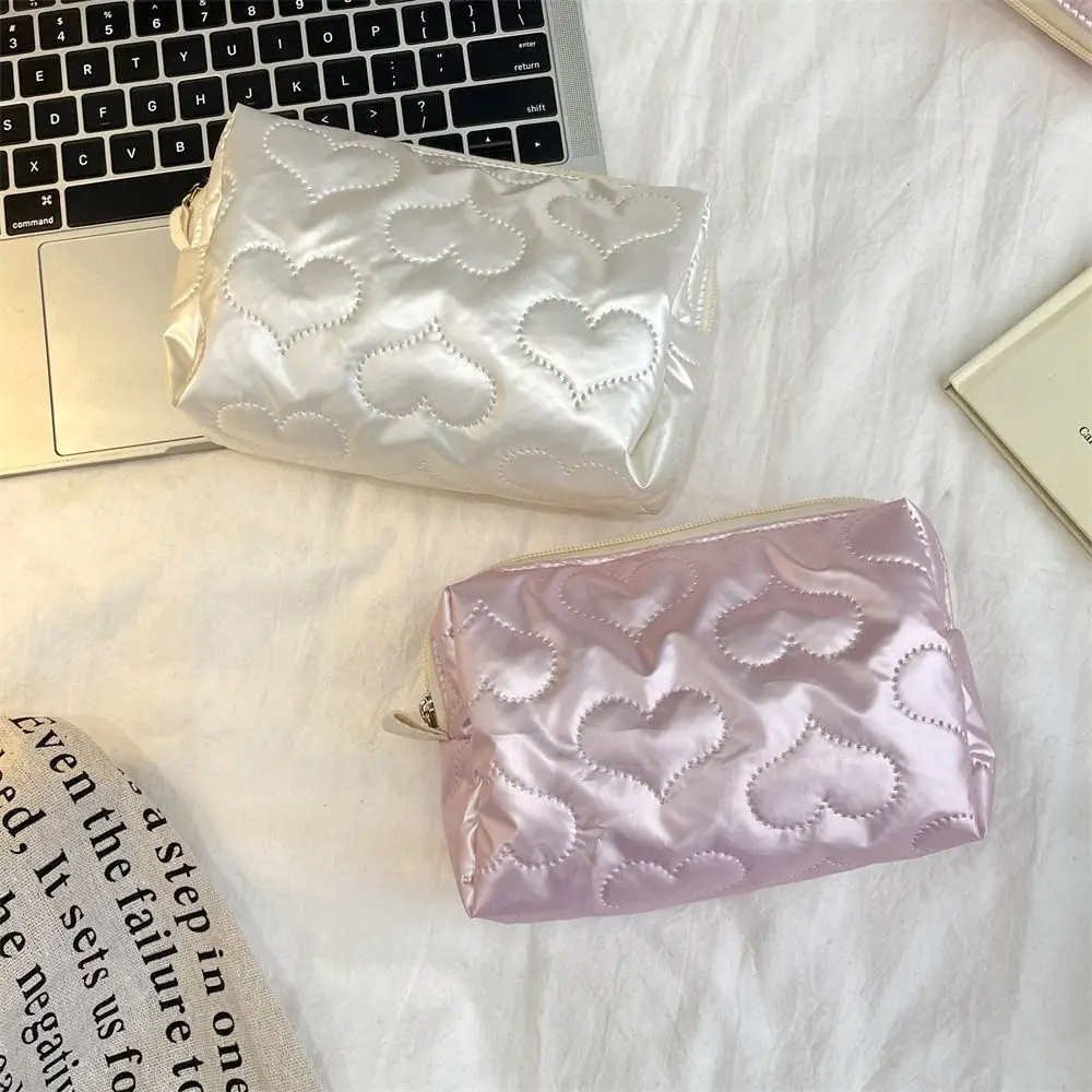 Love Rhombus Shape Silver Cosmetic Bag Korean Style PU Stuffed Cotton Storage Bag Bow Large Capacity Stationery Bag Outdoor