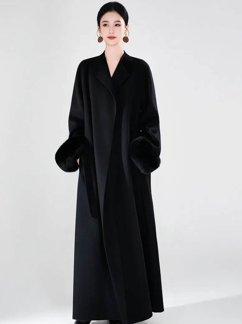 

Двустороннее шерстяное пальто Ele для женщин в цвете с мехом, шикарное пригородное пальто Long Sve с высокой талией